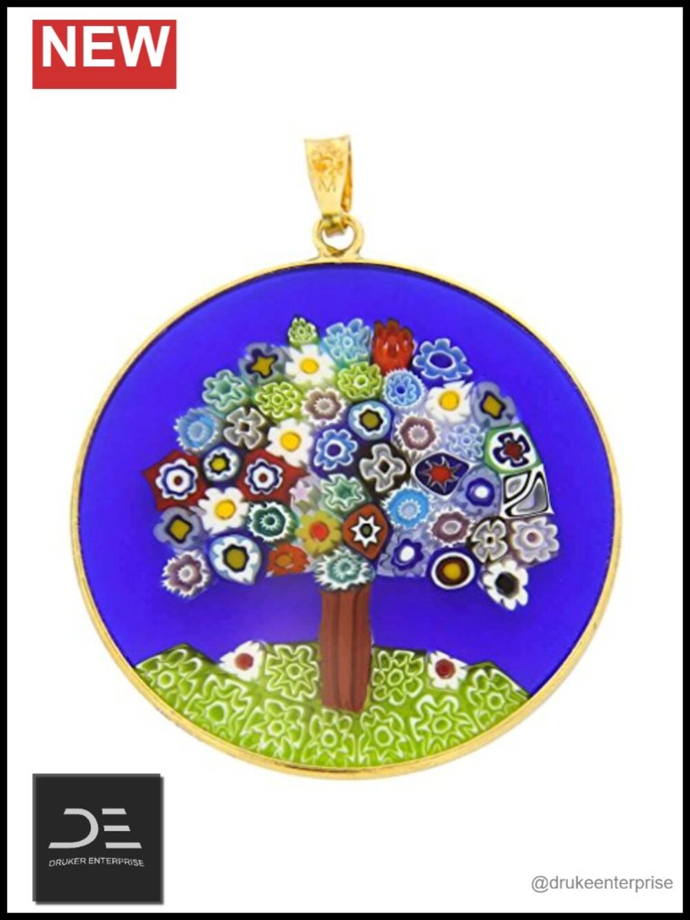 Murano Glass Millefiori Tree of Life Pendant in Gold-Plated Silver Frame 1.5